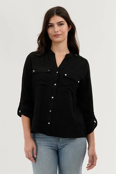 Runaway Bay Roll Up Sleeve Utility Pocket Blouse