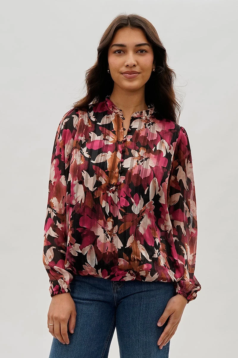 Costa Blanca Floral Ruffle Neck Blouse - Burgundy