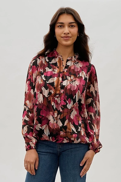Costa Blanca Floral Ruffle Neck Blouse - Burgundy