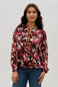 Costa Blanca Floral Ruffle Neck Blouse - Burgundy