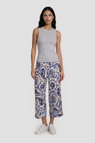 Fold Over Cropped Printed Pants - White