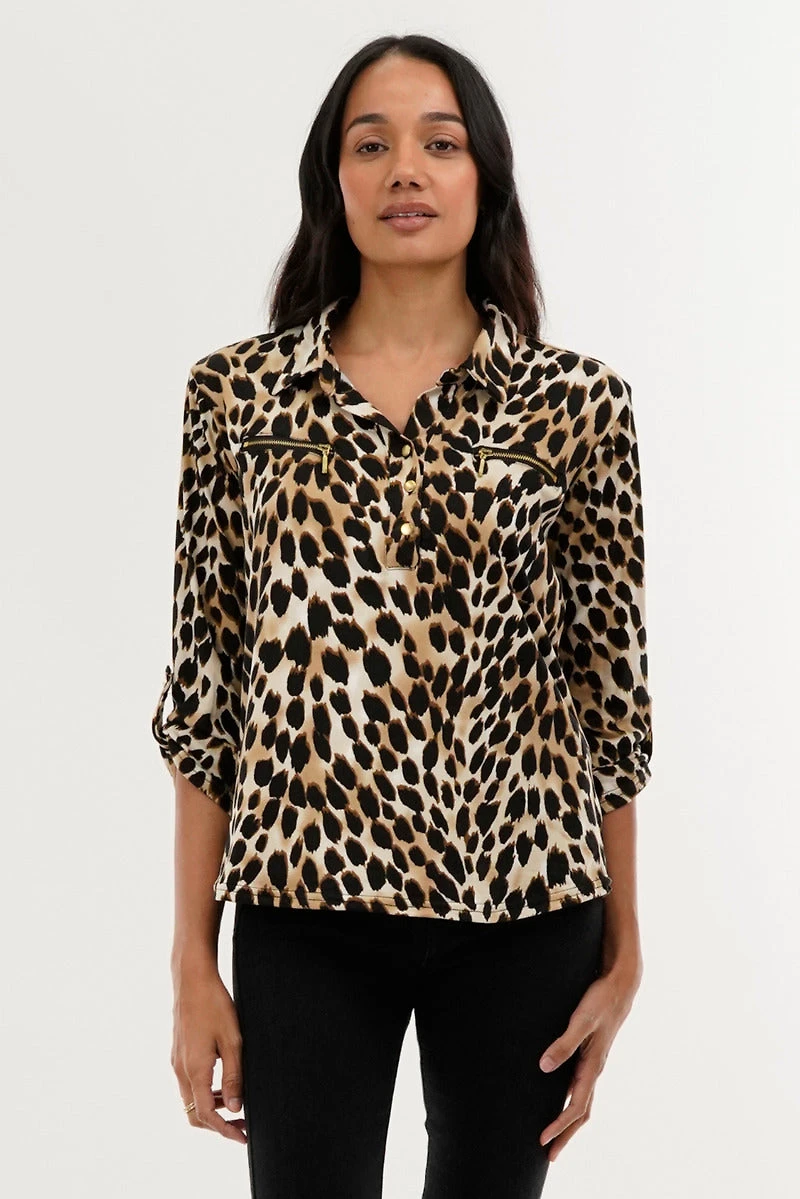 International INC Company Leopard Print Roll Up Sleeve Blouse - Beige