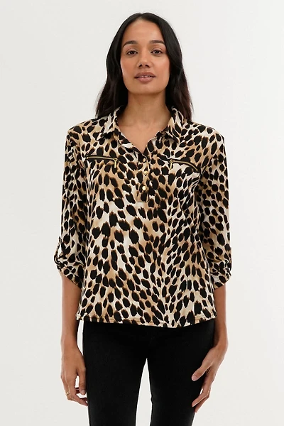 International INC Company Leopard Print Roll Up Sleeve Blouse - Beige