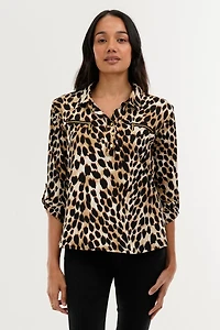 International INC Company Leopard Print Roll Up Sleeve Blouse - Beige