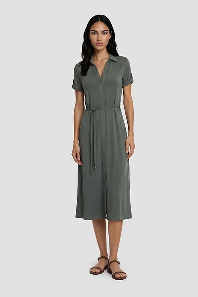 Short Sleeve Button Up Day Dress - Olive