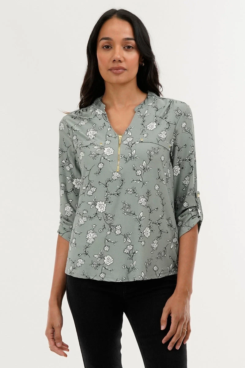 International INC Company Floral 1/4 Zip Blouse
