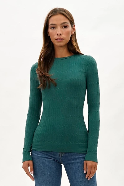 International INC Company Ribbed Crew Neck Long Sleeve Top - Green