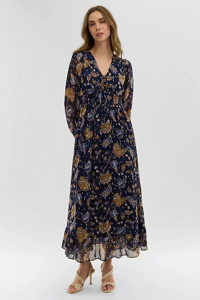 Floral Long Sleeve Chiffon Maxi Dress - Navy