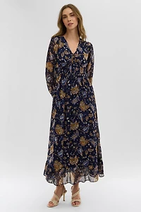 Floral Long Sleeve Chiffon Maxi Dress - Navy