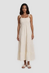 Tie-Shoulder Midi Day Dress - White