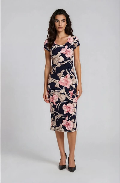 Printed Short Sleeve Midi Dress - Navy