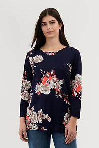 Floral 3/4 Sleeve Blouse - Navy