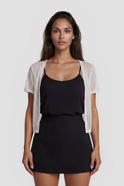 Short Sleeve Mesh Open Cardigan - White