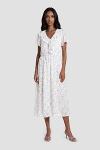 Ruffle Neck Short Sleeve Dress - White