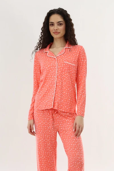 Heart Print Button Up Pajama Top