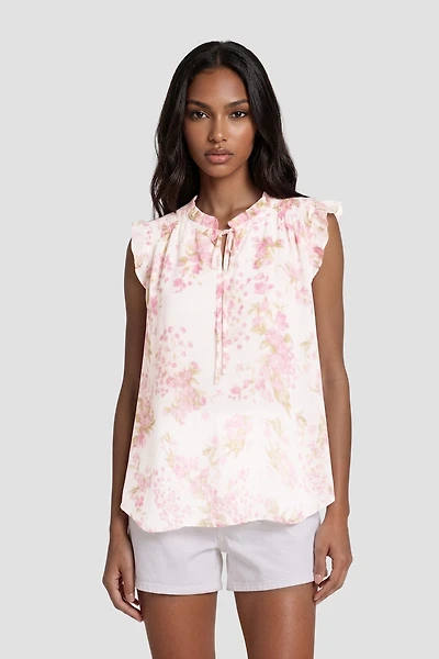 Ruffle Neck Cap Sleeve Shirt