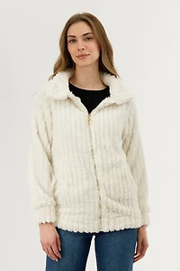 Plush Zip Up Teddy Lightweight Jacket - White