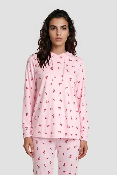 Long Sleeve Cherry Print Hoodie Pajama Top
