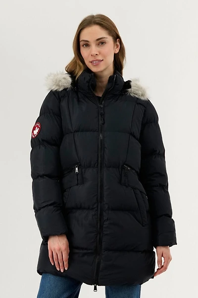 Faux Fur Trim Puffer Parka Jacket - Navy