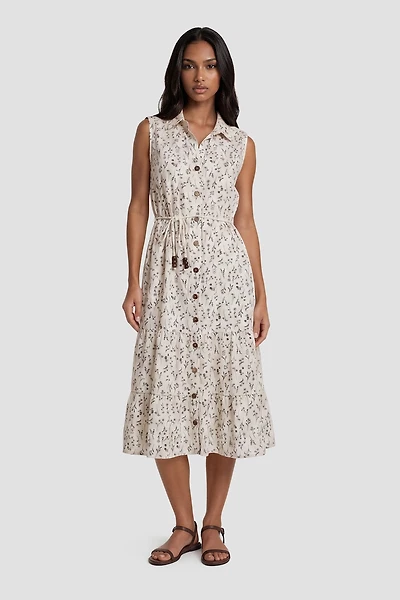 Collar Sleeveless Button Up Day Dress - Cream