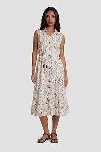 Collar Sleeveless Button Up Day Dress - Cream