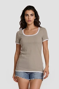 Square Neck Short Sleeve Top - Taupe