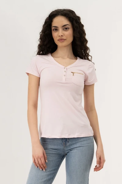 Henley With Zipper Tee - Pink