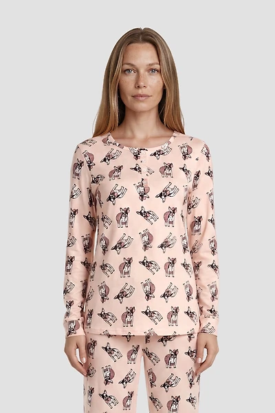 Long Sleeve Dog Print Henley Pajama Top - Pink