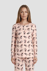Long Sleeve Dog Print Henley Pajama Top - Pink