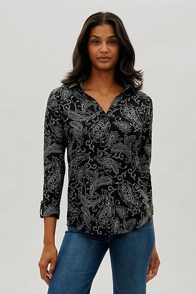 International INC Company Paisley Print Split Neck Blouse - Black