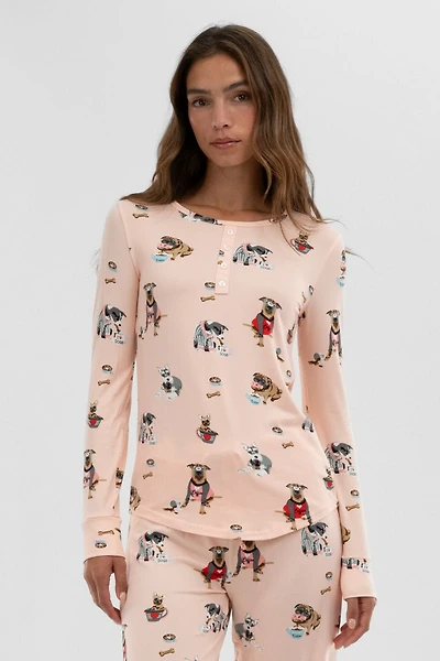 Dog Print Henley Pajama Top - Blush