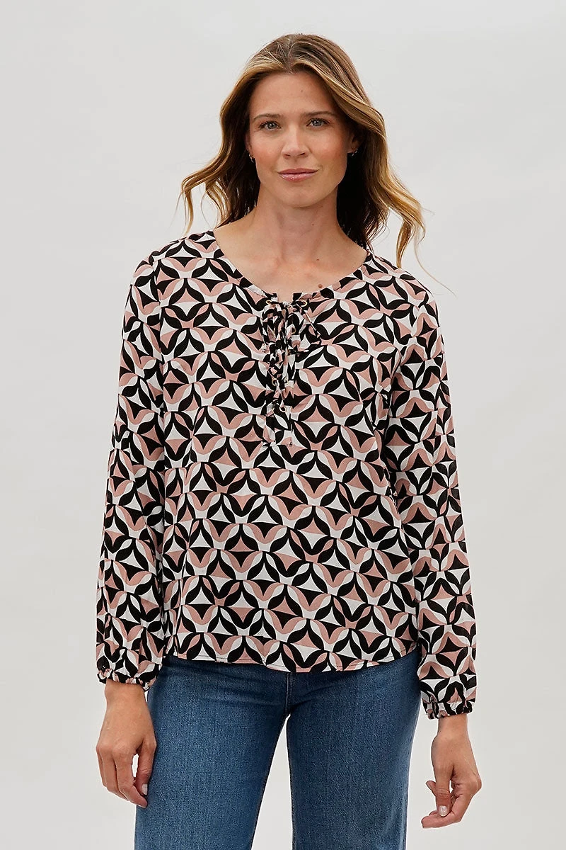 Beechers Brook Patterned Lace Up Blouse - Black