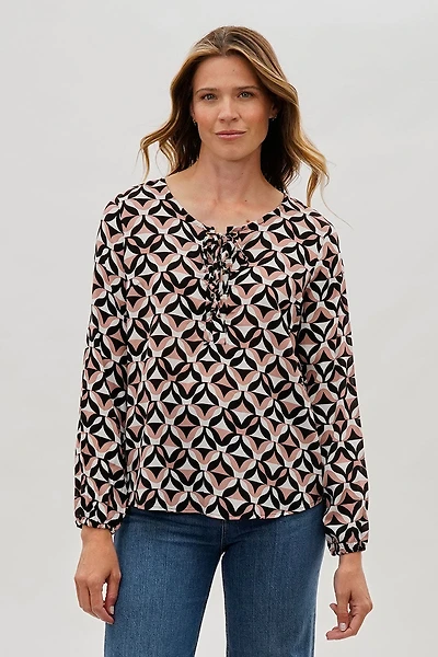 Beechers Brook Patterned Lace Up Blouse - Black
