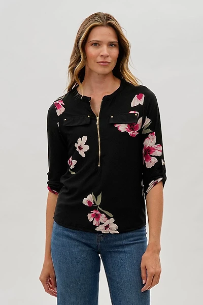 International INC Company Floral 1/4 Zip Shirt - Black