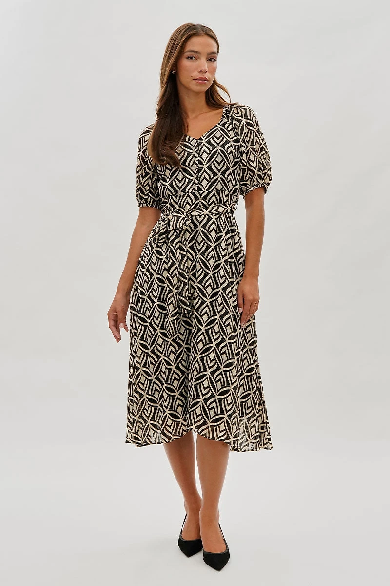 Costa Blanca Patterned Puff Sleeve Midi Dress - Black