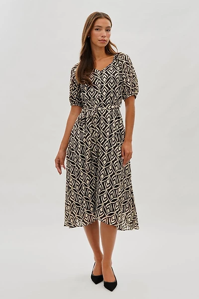Costa Blanca Patterned Puff Sleeve Midi Dress - Black