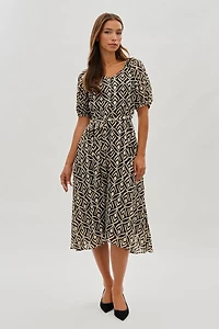 Costa Blanca Patterned Puff Sleeve Midi Dress - Black