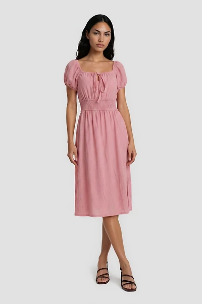 Smocked Waist Midi Dress - Pink