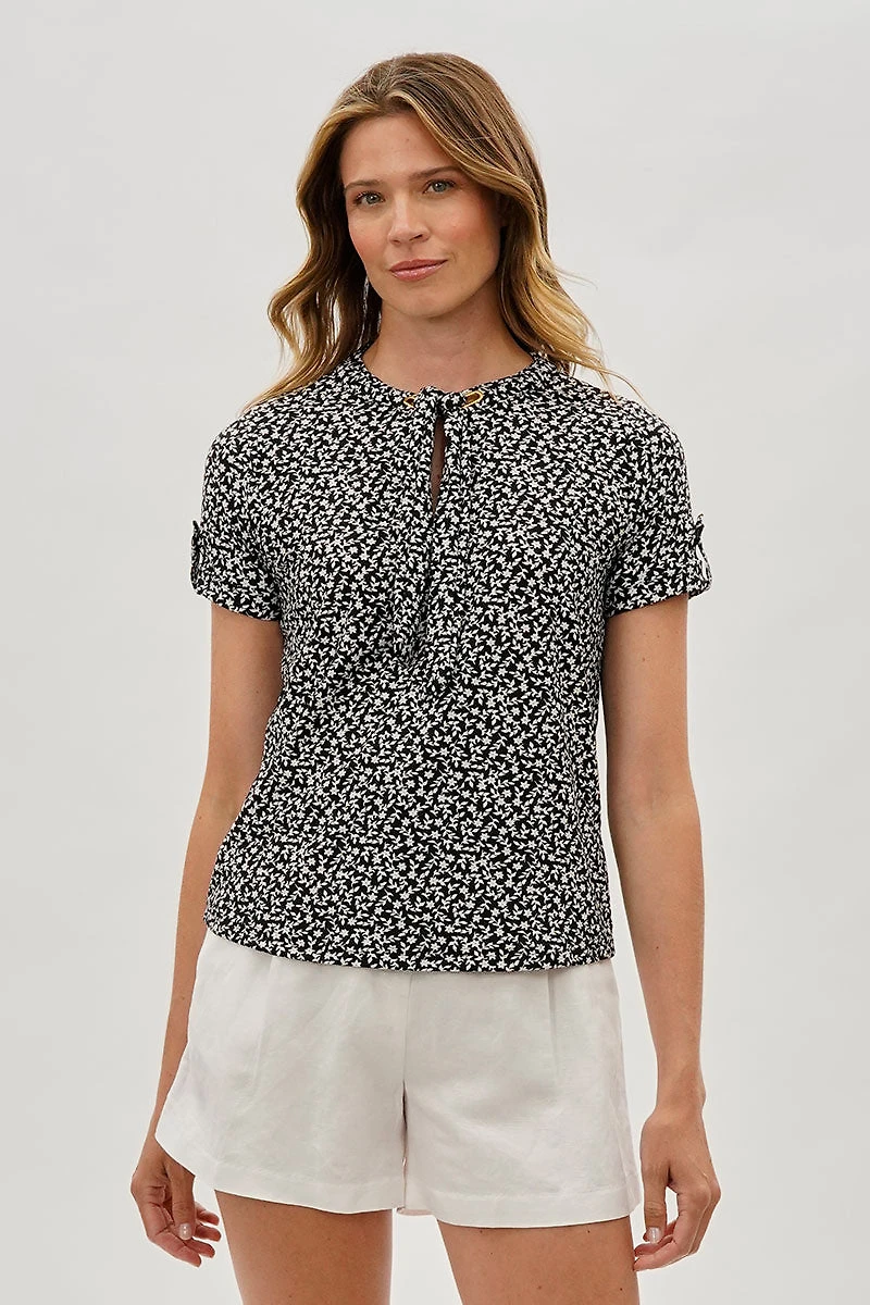 Beechers Brook Floral Tie-Neck Short Sleeve Blouse