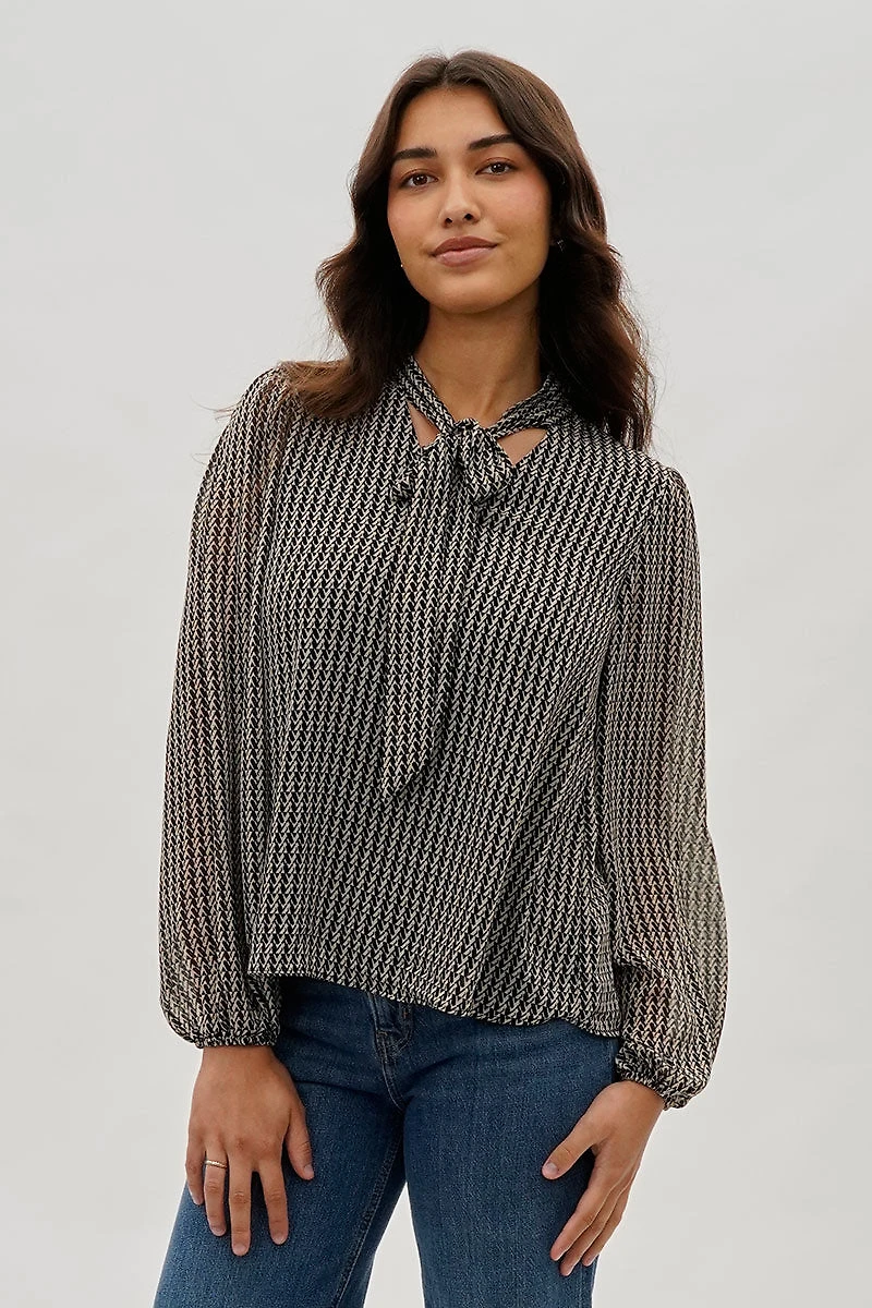 Beechers Brook Tie-Neck Long Sleeve Blouse - Black