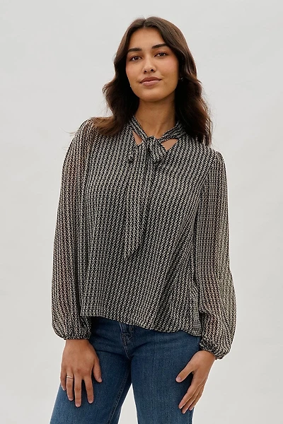 Beechers Brook Tie-Neck Long Sleeve Blouse - Black