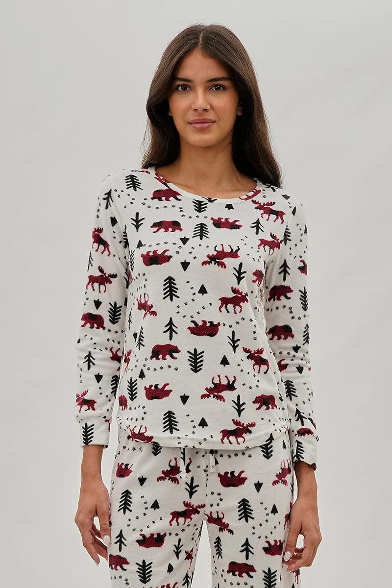 Canada Weather Gear Winter Print Crewneck Pajama Top - White