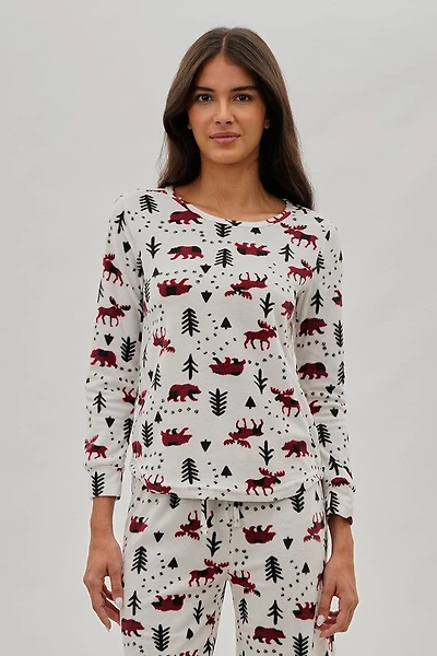 Canada Weather Gear Winter Print Crewneck Pajama Top - White
