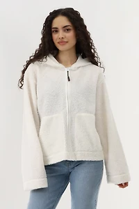 Wide Sleeve Zip Up Hoodie - Cream