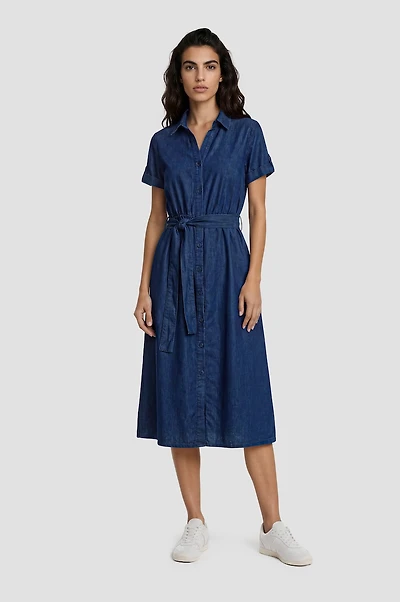 Short Sleeve Button Up Wrap Dress - Navy