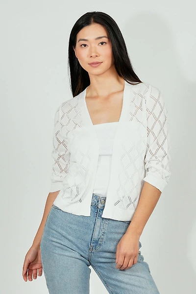 Beechers Brook Diamond Knit 3/4 Sleeve Open Cardigan - White