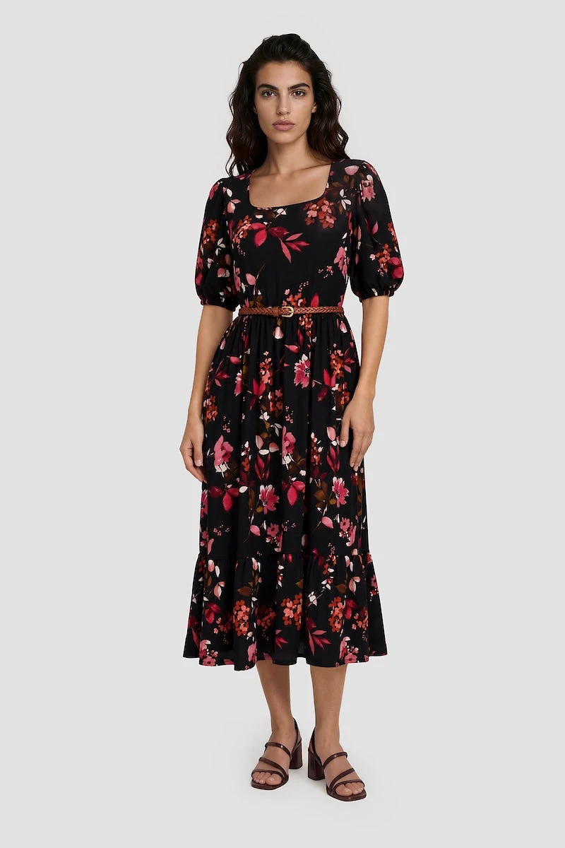 Square Neck Flower Print Midi Dress