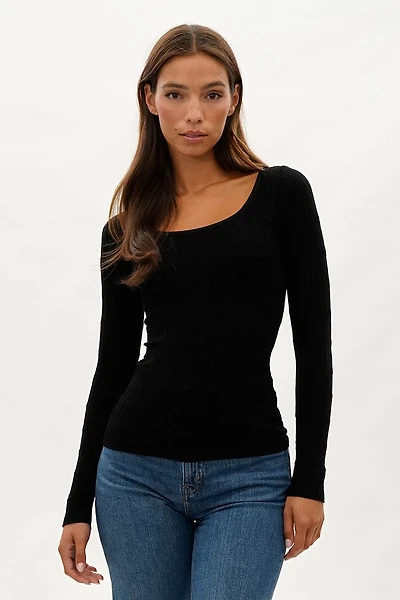 International INC Company Ribbed Scoop Neck Long Sleeve Top