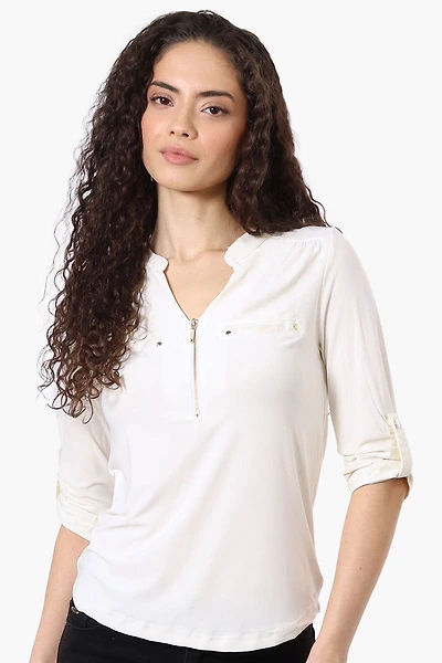 Solid 1/4 Zip Roll Up Sleeve Shirt - White