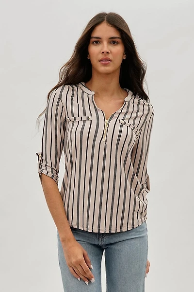 International INC Company Striped 1/4 Zip Blouse - Beige